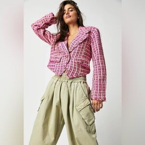 Free People 🩷 Cropped Pink and White Tweed Blazer